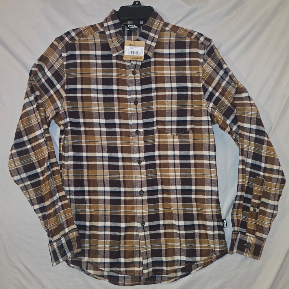 Eddie Bauer Flannel Shirt Small Mens Brown Plaid Mr Field Flex Long Sleeve
